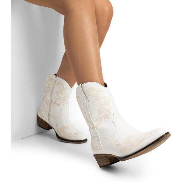 🆕White Women's Cowboy Cowgirl Western Ankle Boots Faux Leather Chunky Low Heels - Picture 6 of 7